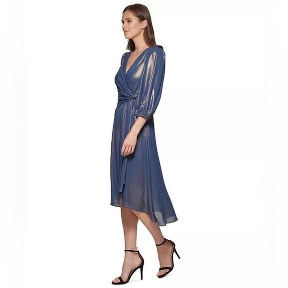 DKNY Iridescent Twisted Balloon-Sleeve evening Sleeve Dress -Denim Gold size 6 - Picture 7 of 12